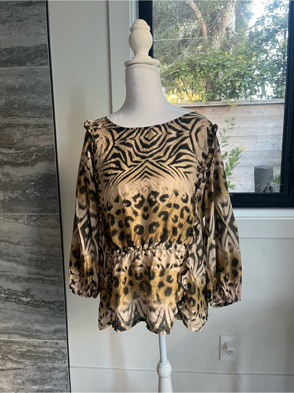 Johnny Was Animal-Print Silk Peplum Blouse - Tan and Black